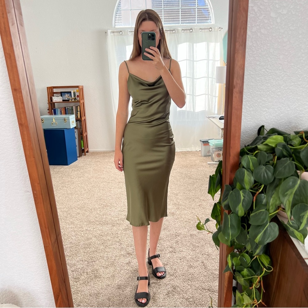 Olive Green Satin Slip Dress